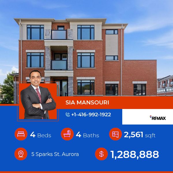 Discover this new property for $1.3 million—a great opportunity that truly stands out. Rare Opportunity To Own This Stunning, Sun-Filled End-Unit 4 Bedroom Freehold Townhouse in Aurora.